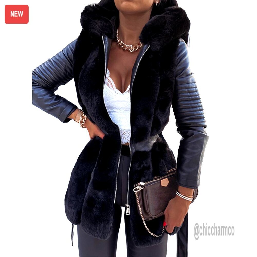 Faux Fur Lined Leather Jacket Hooded Parka Belted Oversized Chic Winter Coat